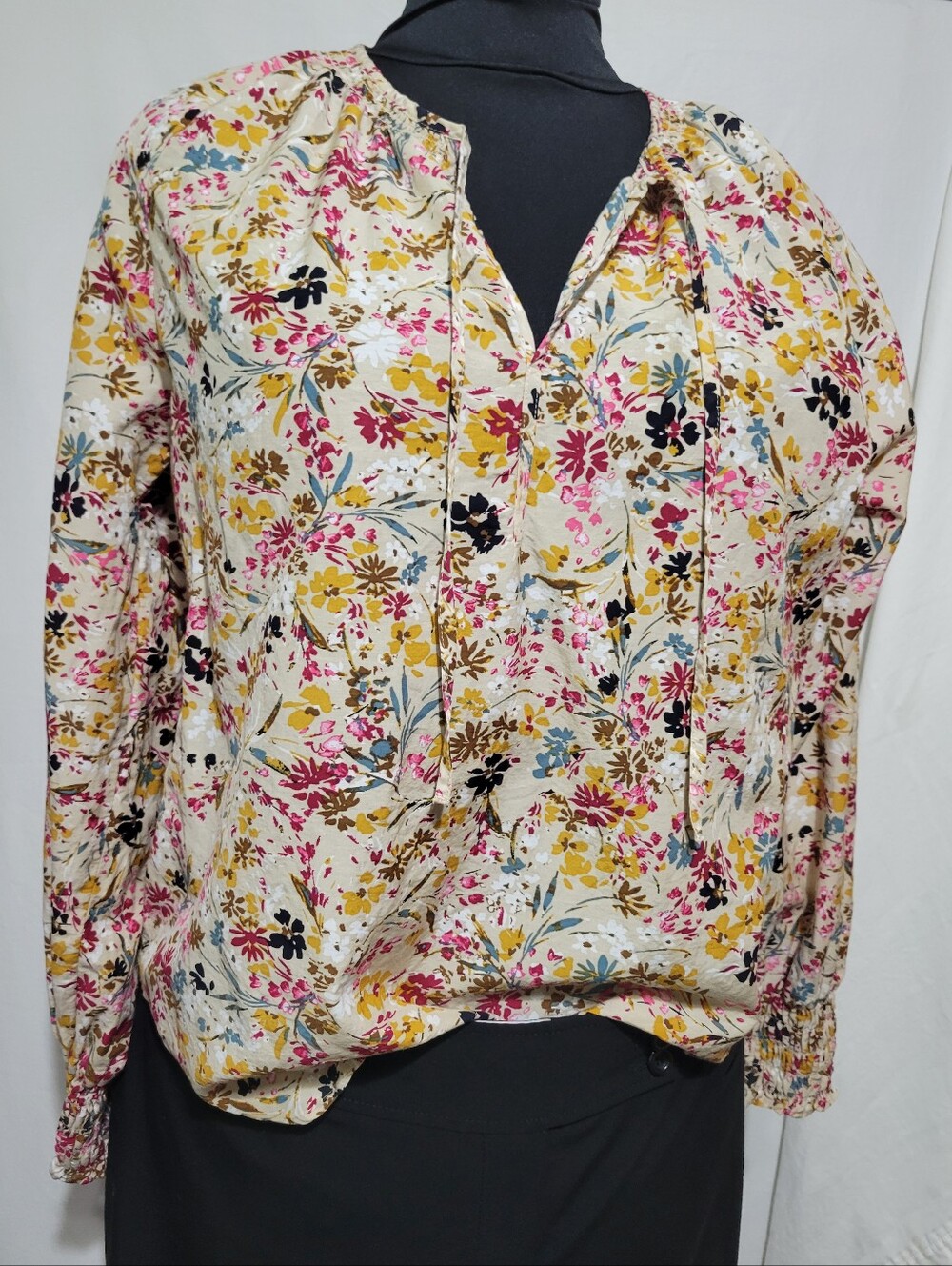 Ann Taylor Floral Split-V Neck Blouse in Cream, Pink and Mustard